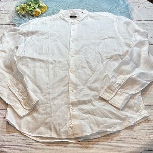 Doppelgänger Roma White Linen Mandarin Collar Button Down Shirt sz L